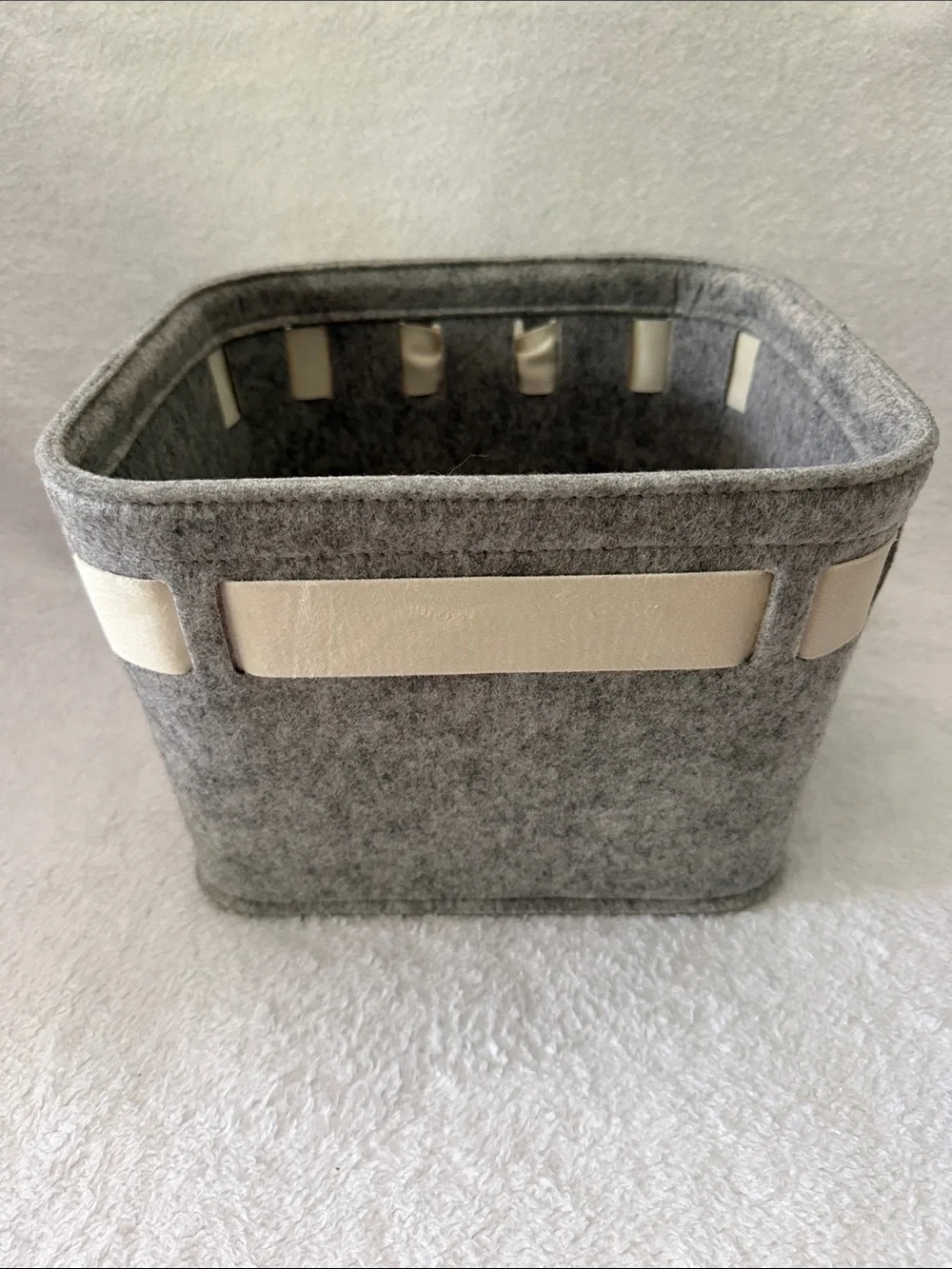 NWOT Gray Felt Storage Basket with Cream Ribbon Bow